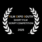 Film Expo South Short Film Script Competition 2025 Logo with black background, white and gold text and white laurel.